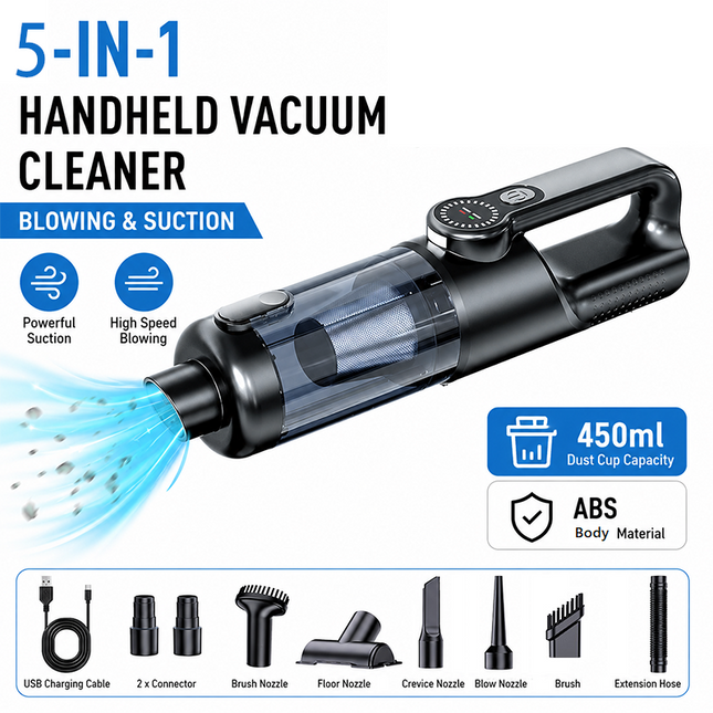 Black and Grey Cordless Handheld Vacuum Cleaner 17000Pa High Suction Portable Rechargeable 5 in 1