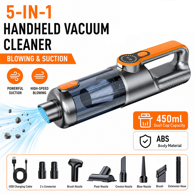 Silver and Orange Cordless Handheld Vacuum Cleaner 17000Pa High Suction Portable Rechargeable 5 in 1