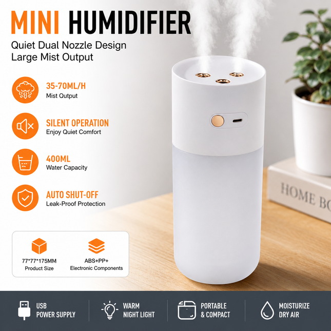 White Dual Spray USB Humidifier with Warm LED Night V888-ELOSUNG53393