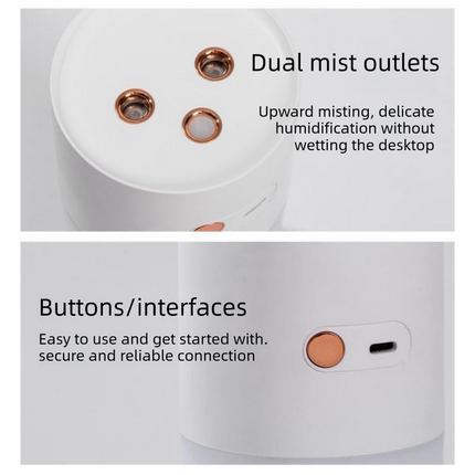 White Dual Spray USB Humidifier with Warm LED Night Light - 400ml Mini Portable Desk and Car Humidifier, Quiet Mist Output, ABS and PP Construction, Compact Rechargeable Moisture Solution for Home Office Travel