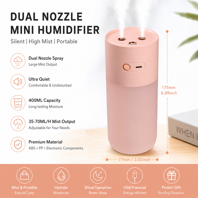 Pink Dual Spray USB Humidifier with Warm LED Night V888-ELOSUNG53394
