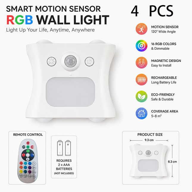 4 pcs White Motion Sensor Wall Light Rechargeable Magnetic LED Ambient Wall Lamp with Remote