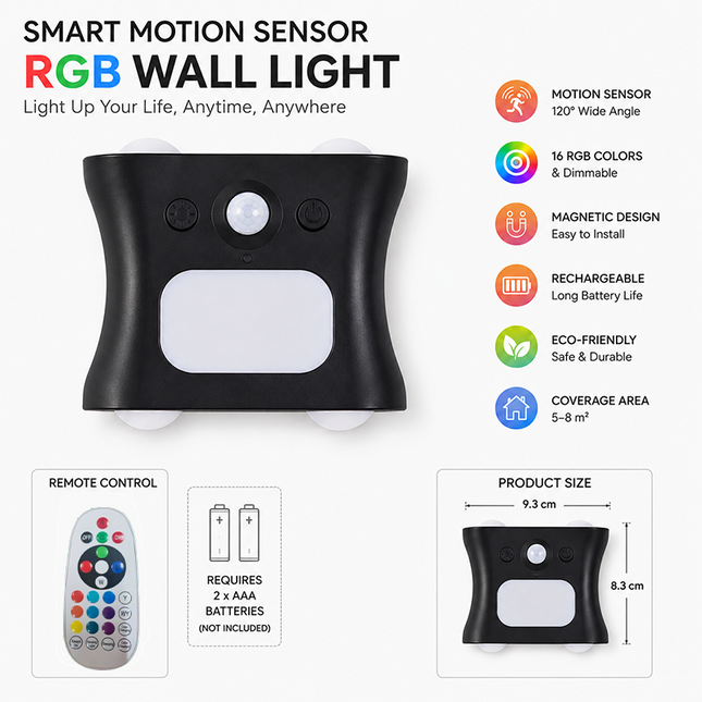 Black Motion Sensor Wall Light Rechargeable Magnetic LED Ambient Wall Lamp with Remote Control 16