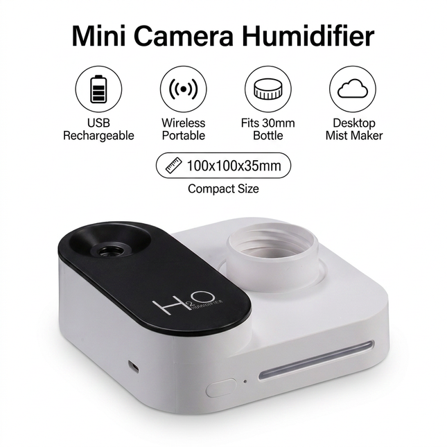 White Mini Camera Humidifier USB Rechargeable Portable Water Bottle Humidifier with LED Night