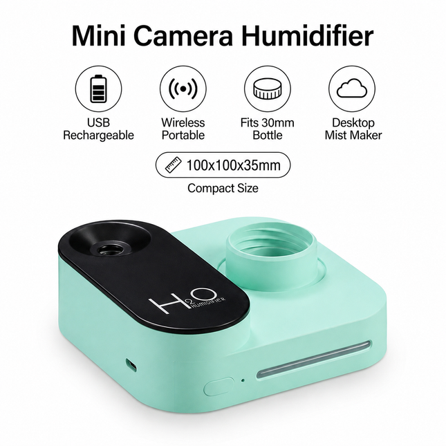 Green Mini Camera Humidifier USB Rechargeable Portable Water Bottle Humidifier with LED Night