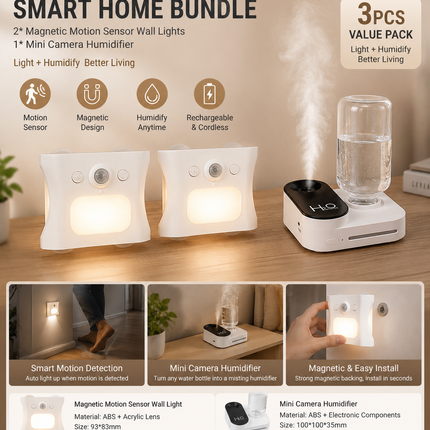 3PCS Smart Home Atmosphere Set – White USB Rechargeable Camera Humidifier & 2pcs White RGB Motion Sensor Wall Light, Magnetic Wireless Night Lamp with Remote Control for Bedroom, Living Room & Office