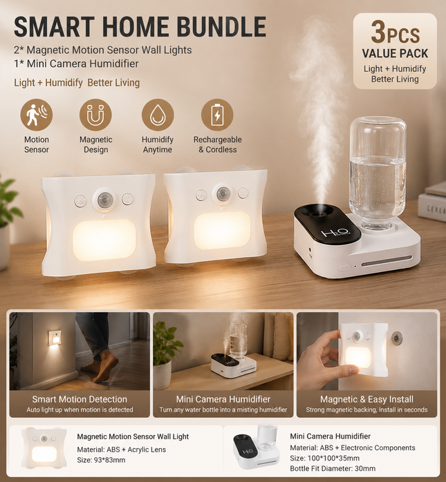 3PCS Smart Home Atmosphere Set White USB Rechargeable Camera Humidifier & 2pcs White RGB Motion