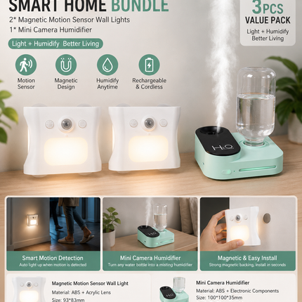3PCS Smart Home Atmosphere Set – Green USB Rechargeable Camera Humidifier & 2pcs White RGB Motion Sensor Wall Light, Magnetic Wireless Night Lamp with Remote Control for Bedroom, Living Room & Office