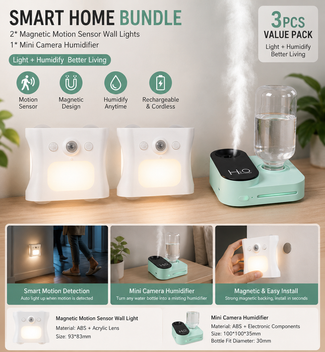 3PCS Smart Home Atmosphere Set Green USB Rechargeable Camera Humidifier & 2pcs White RGB Motion