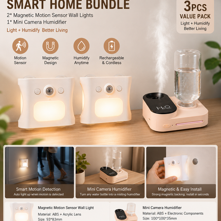 3PCS Smart Home Atmosphere Set – Pink USB Rechargeable Camera Humidifier & 2pcs White RGB Motion Sensor Wall Light, Magnetic Wireless Night Lamp with Remote Control for Bedroom, Living Room & Office