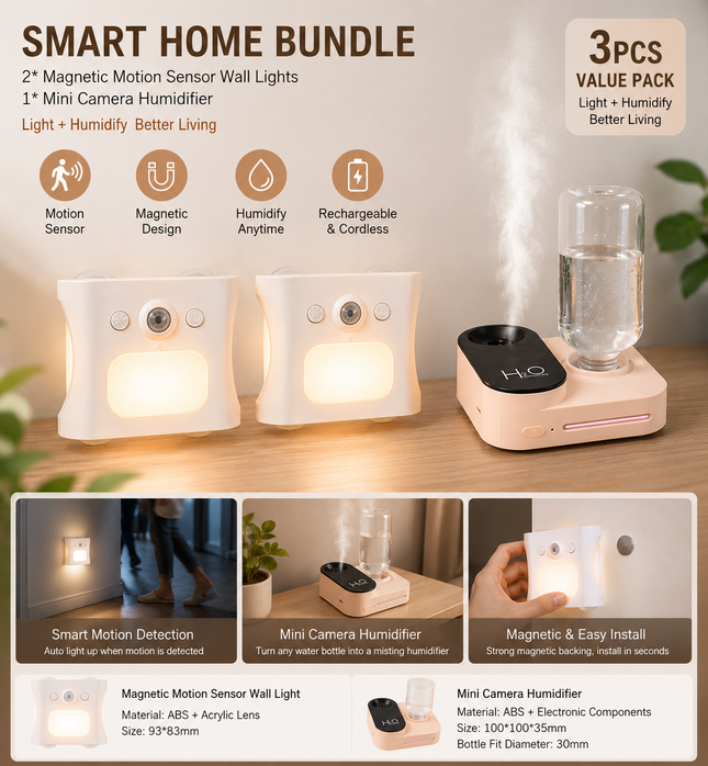 3PCS Smart Home Atmosphere Set Pink USB Rechargeable Camera Humidifier & 2pcs White RGB Motion