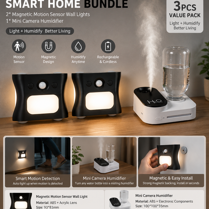 3PCS Smart Home Atmosphere Set – White USB Rechargeable Camera Humidifier & 2pcs Black RGB Motion Sensor Wall Light, Magnetic Wireless Night Lamp with Remote Control for Bedroom, Living Room & Office