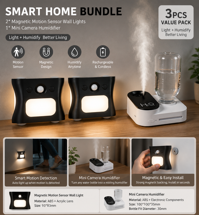 3PCS Smart Home Atmosphere Set White USB Rechargeable Camera Humidifier & 2pcs Black RGB Motion