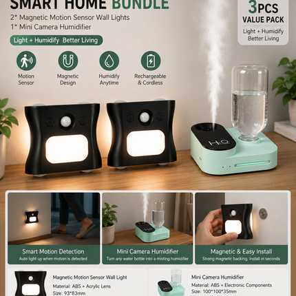 3PCS Smart Home Atmosphere Set – Green USB Rechargeable Camera Humidifier & 2pcs Black RGB Motion Sensor Wall Light, Magnetic Wireless Night Lamp with Remote Control for Bedroom, Living Room & Office