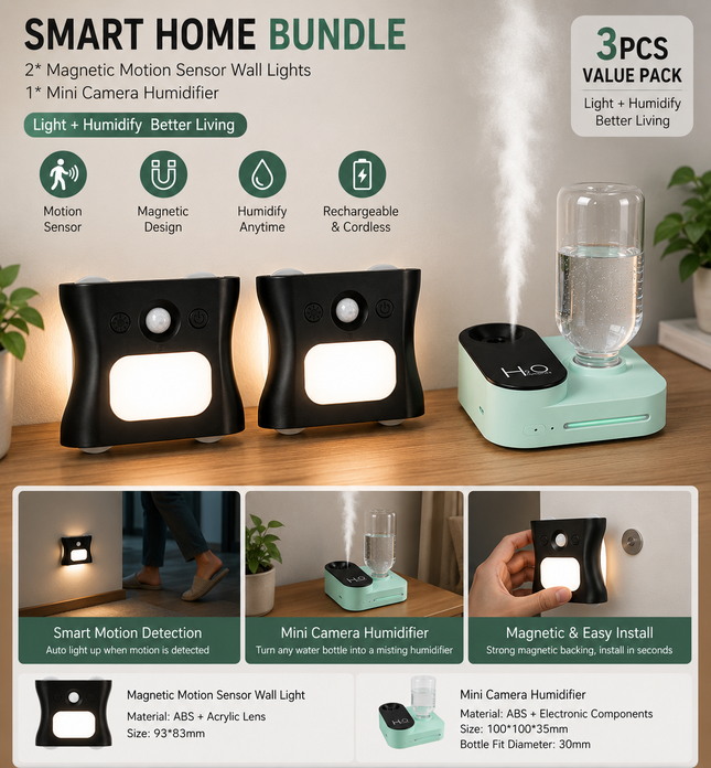 3PCS Smart Home Atmosphere Set Green USB Rechargeable Camera Humidifier & 2pcs Black RGB Motion