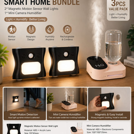 3PCS Smart Home Atmosphere Set Pink USB Rechargeable Camera Humidifier & 2pcs Black RGB Motion