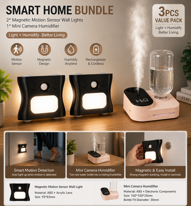 3PCS Smart Home Atmosphere Set Pink USB Rechargeable Camera Humidifier & 2pcs Black RGB Motion