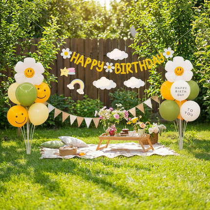 2 Pack Daisy Birthday Balloon Table Centerpiece Set（"Happy Birthday" letter style and pale yellow balloon style）, 10 Inch Latex Balloons with Smiley Flower Topper, Birthday Party Decoration for First Birthday & Celebration Events