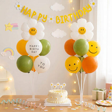 2 Pack Daisy Birthday Balloon Table Centerpiece Set（"Happy Birthday" letter style and pale Orange balloon style）, 10 Inch Latex Balloons with Smiley Flower Topper,  Birthday Party Decoration for First Birthday & Celebration Events