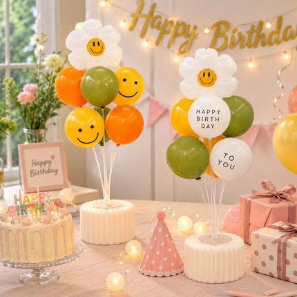 2 Pack Daisy Birthday Balloon Table Centerpiece Set（"Happy Birthday" letter style and pale Orange balloon style）, 10 Inch Latex Balloons with Smiley Flower Topper,  Birthday Party Decoration for First Birthday & Celebration Events