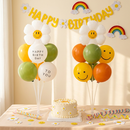 2 Pack Daisy Birthday Balloon Table Centerpiece Set（"Happy Birthday" letter style and pale Orange balloon style）, 10 Inch Latex Balloons with Smiley Flower Topper,  Birthday Party Decoration for First Birthday & Celebration Events