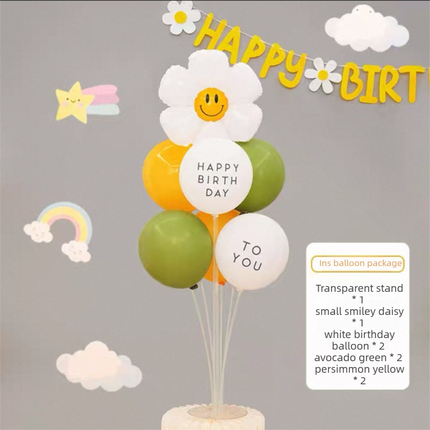 2 Pack Daisy Birthday Balloon Table Centerpiece Set（"Happy Birthday" letter style and pale Orange balloon style）, 10 Inch Latex Balloons with Smiley Flower Topper,  Birthday Party Decoration for First Birthday & Celebration Events
