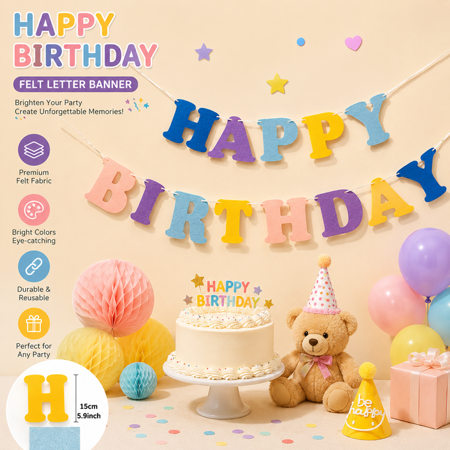 Blue and Pink Happy Birthday Felt Banner Garland Reusable Birthday Party Hanging Decoration