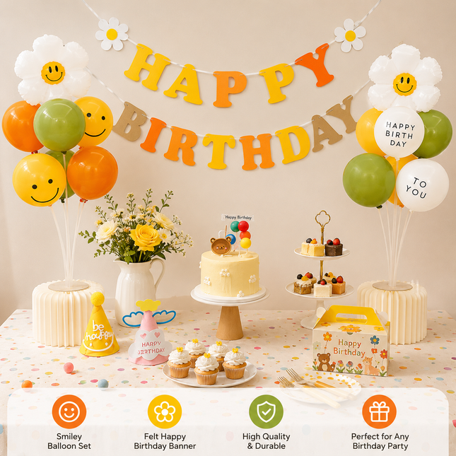 3-pcs Birthday Party Decoration Set with 2-pack Smiley Daisy Balloon Centerpieces & Orange and