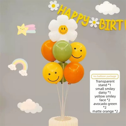 3-pcs Birthday Party Decoration Set with 2-pack Smiley Daisy Balloon Centerpieces & Orange and Yellow Happy Birthday Felt Banner,  Birthday Party Decor Kit, Photo Booth Backdrop Supplies