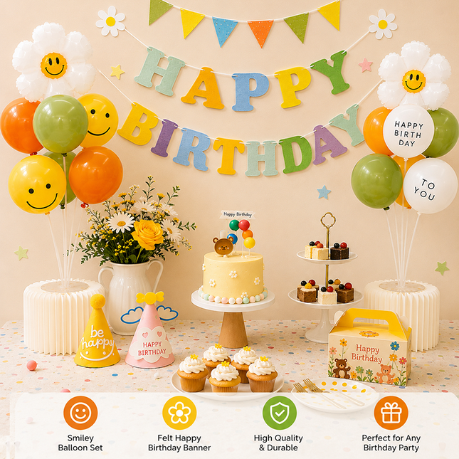 3-pcs Birthday Party Decoration Set with 2-pack Smiley Daisy Balloon Centerpieces & Blue and Green