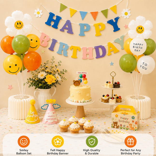 3-pcs Birthday Party Decoration Set with 2-pack Smiley Daisy Balloon Centerpieces & Blue and Pink