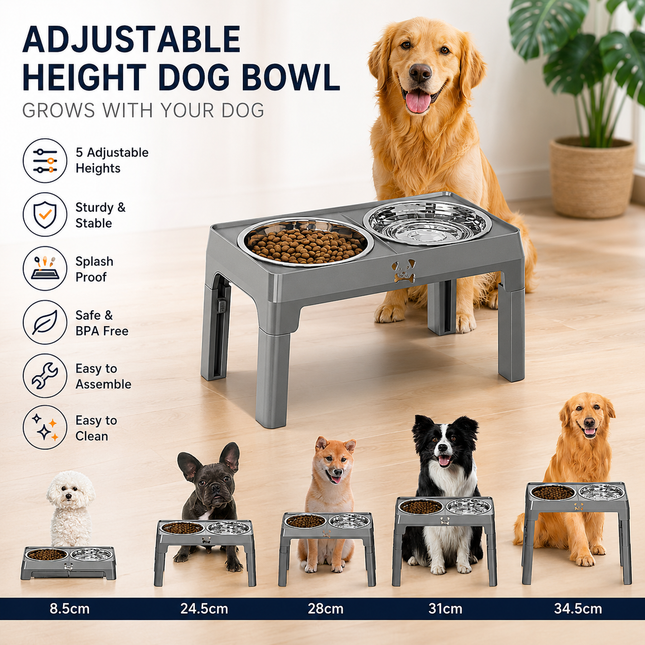 Grey Adjustable Elevated Dog Bowl Stand with Stainless Steel Double Bowls Foldable Raised Pet