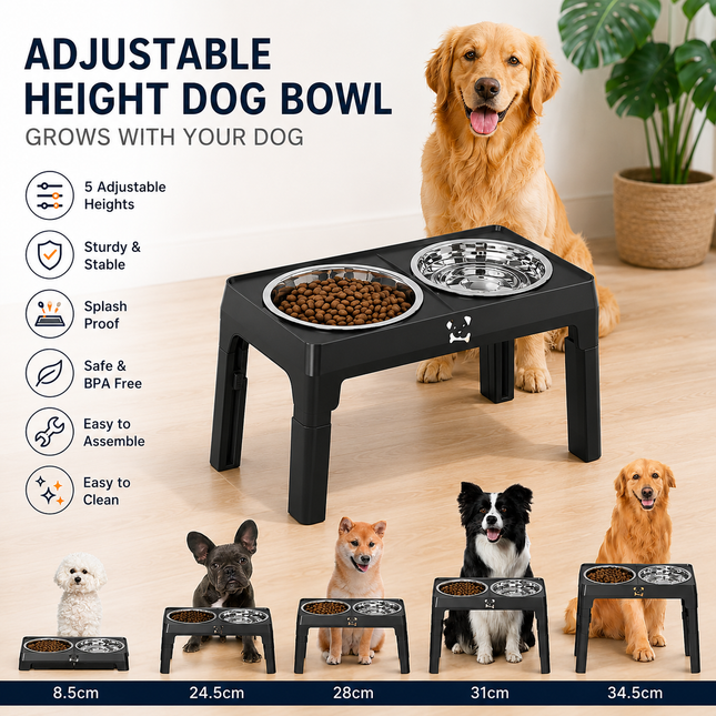 Black Adjustable Elevated Dog Bowl Stand with Stainless Steel Double Bowls Foldable Raised Pet