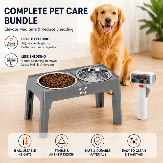 Pet Care Bundle Set Grey Adjustable Elevated Double Dog Bowl & White and Grey 2-in-1 V888-ELOSUNG53428