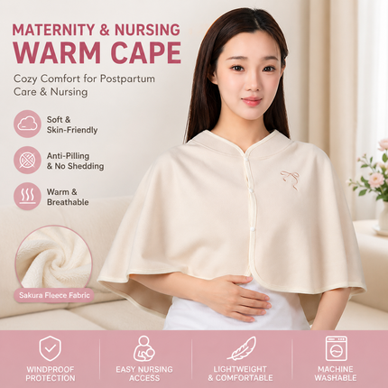 Beige Maternity Nursing Shoulder Wrap Cape – Ultra Soft Sakura Fleece Postpartum Shawl, Windproof Warm Nursing Cover for Breastfeeding, Pregnancy & Winter Comfort