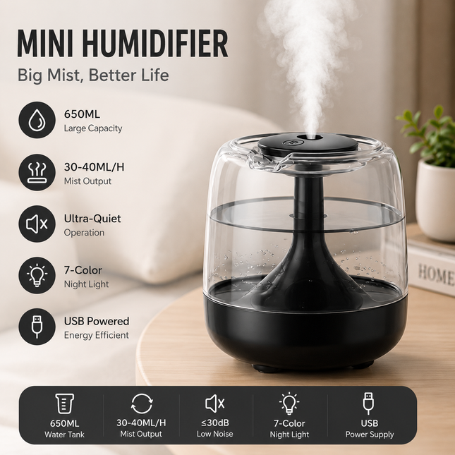 Black 650ML USB Mini Humidifier with Aromatherapy Function Cool Mist Air Humidifier for Bedroom