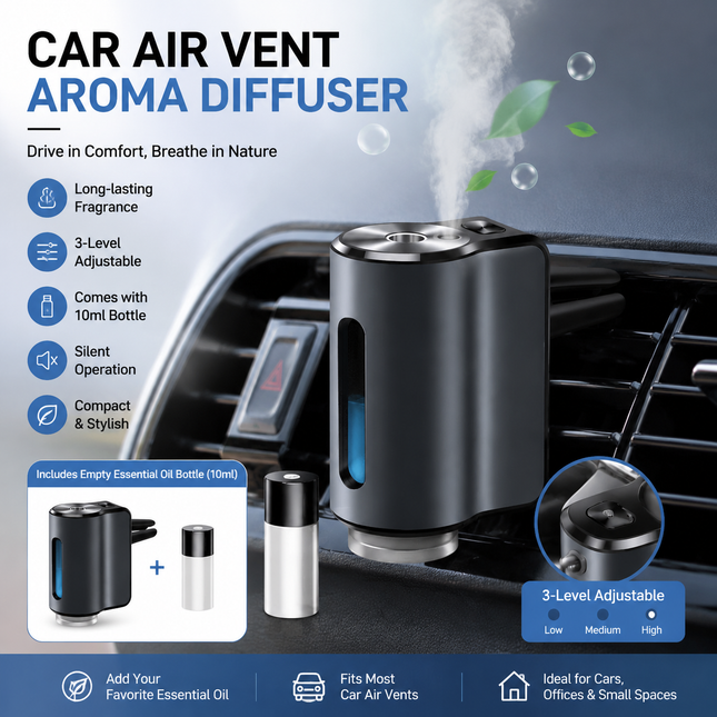 Grey Car Vent Air Freshener Diffuser (Includes a 10ml empty essential oil bottle) 3-Speed
