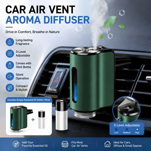 Green Car Vent Air Freshener Diffuser (Includes a 10ml empty essential oil bottle) 3-Speed