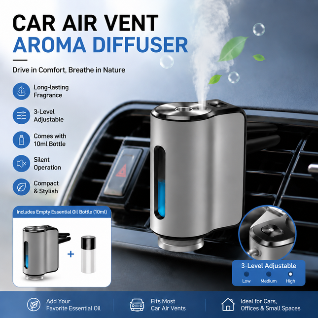 Silvery Car Vent Air Freshener Diffuser (Includes a 10ml empty essential oil bottle) 3-Speed
