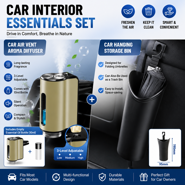 2 pcs Car interior essentials set-Golden Car Air Vent Aroma Diffuser & Black Hanging Storage