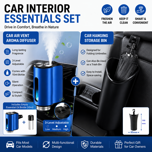 2 pcs Car interior essentials set-Blue Car Air Vent Aroma Diffuser & Black Hanging Storage