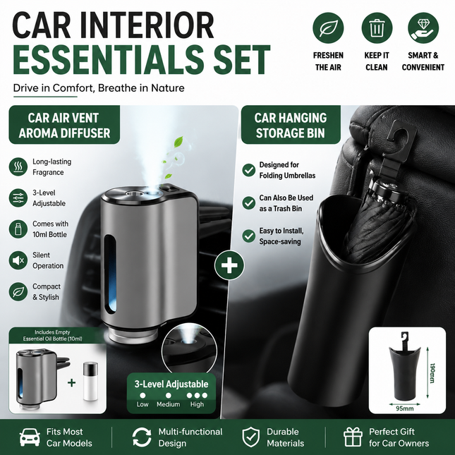 2 pcs Car interior essentials set-Silvery Car Air Vent Aroma Diffuser & Black Hanging Storage