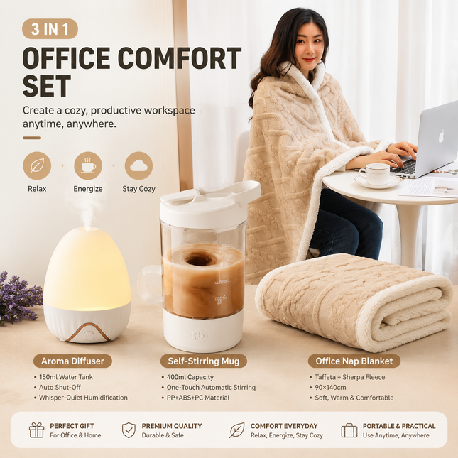 3-piece Office Comfort Gift Bundle Set White Aromatherapy Diffuser White Self-Stirring Cup & Khaki