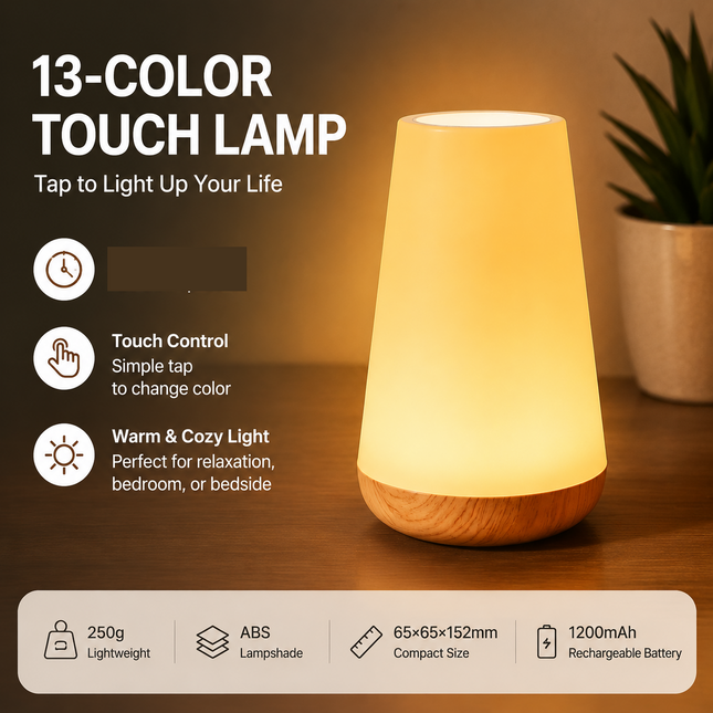 White LED Rechargeable Night Light with 13 Colors 1200mAh Touch Bedside Lamp & Portable Ambient Lighting