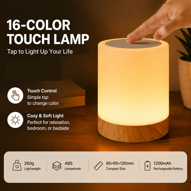 White LED Rechargeable Night Light with 16 Colors 1200mAh Touch Bedside Lamp & Portable Ambient Lighting