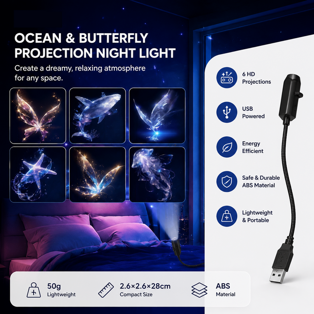 Black USB Projector Night Light 6-piece set Dreamy Butterfly and Marine Life Designs Rotating LED Lamp