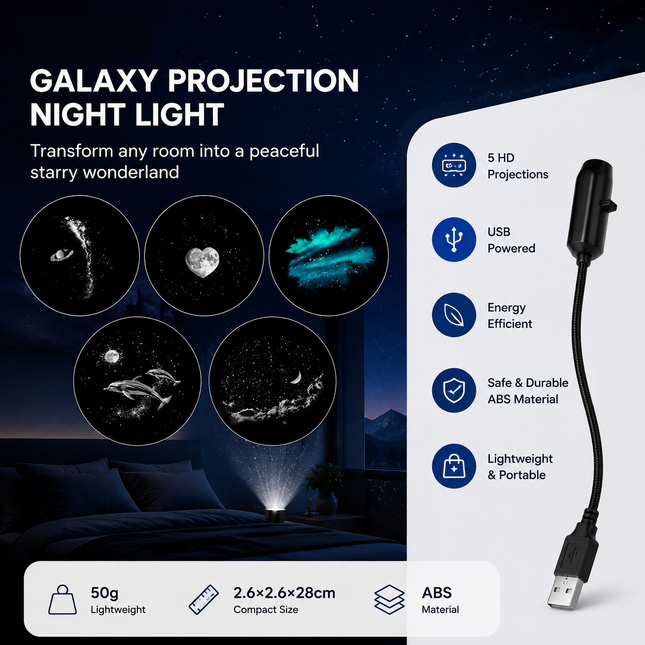 Black USB Starry Sky Projector Night Light 5-piece set Moon and Galaxy Edition Rotating LED