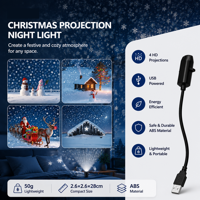 Black USB bedroom Projector Night Light 4-piece set Christmas-themed patterns Rotating LED Lamp