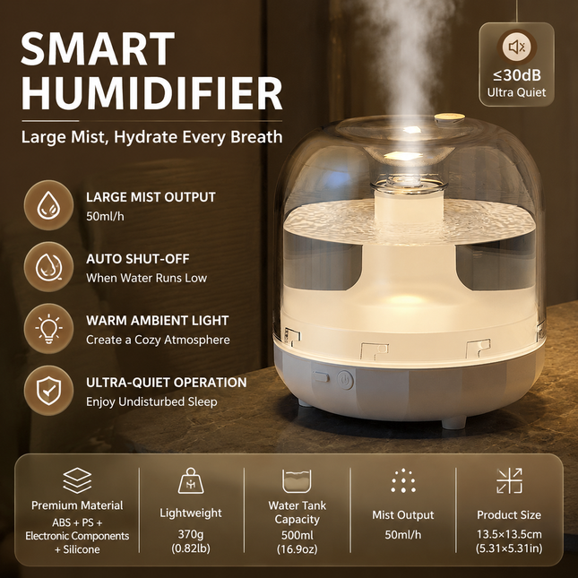 White 500ml Smart Ultrasonic Humidifier & Aroma Diffuser USB Silent Air Moisturizer LED Bedroom Mist Maker