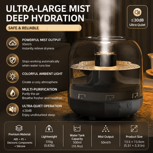Black 500ml Smart Ultrasonic Humidifier & Aroma Diffuser USB Silent Air Moisturizer LED Bedroom Mist Maker